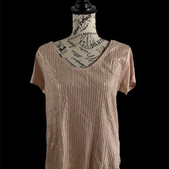 Ann Taylor Loft Beige Sequin Bling Embellished Top Shiny Glam Women's LP NEW - Picture 8 of 8